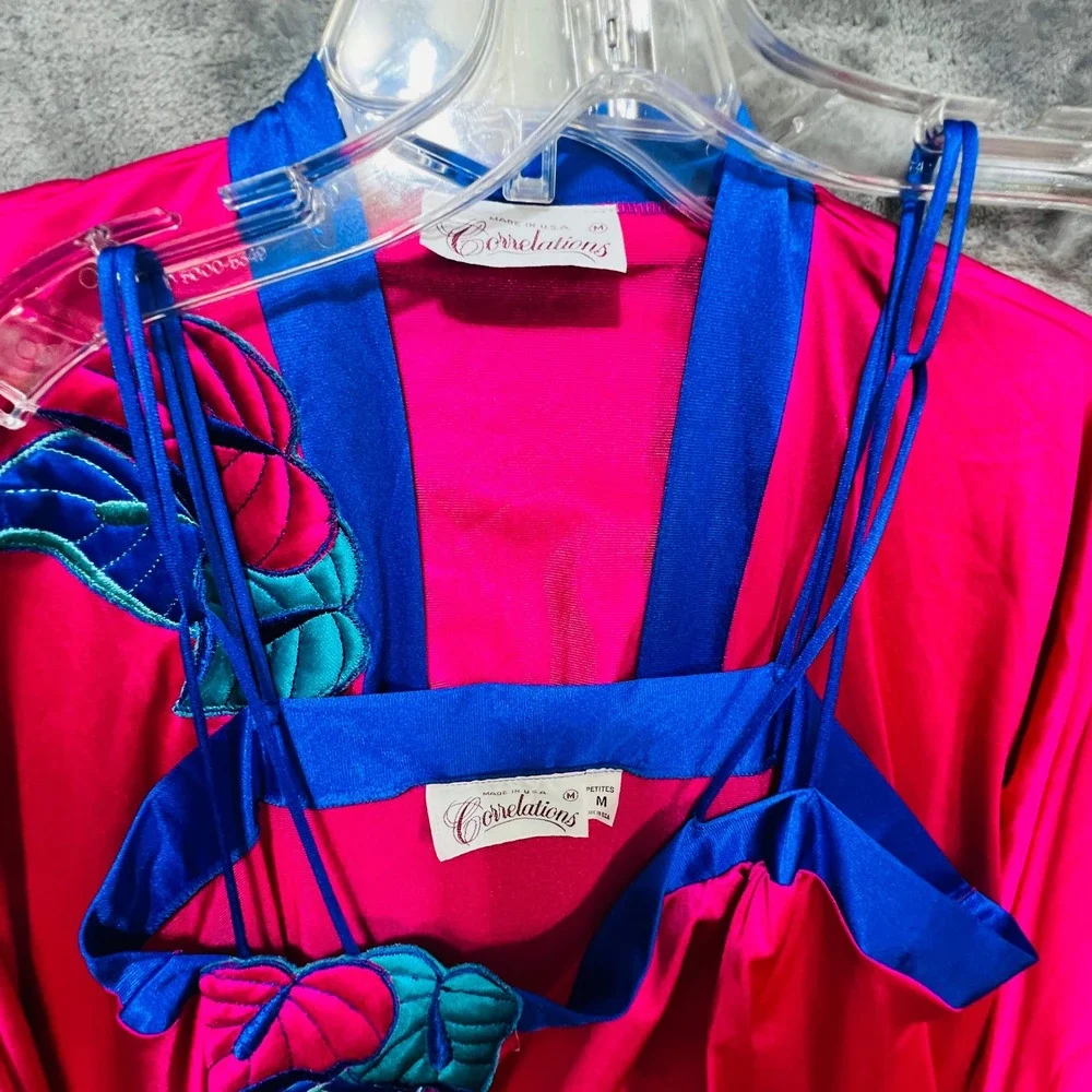 VTG Bright Pink Blue Gown Satin Slip Robe Set Tropical Monstera Leaf M Peignoir